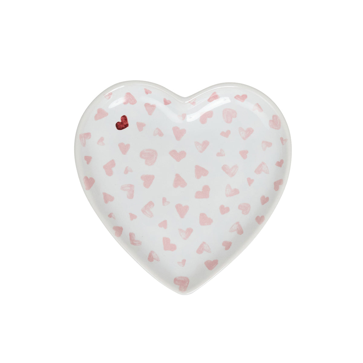 From Juliska's Love You More Decor and Tabletop Collection, this white heart-shaped plate features small pink hearts and one bold red heart—ideal for those who love pink or love-themed tableware.