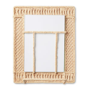 The Aerin Raffia Frame features a hand-woven rectangular raffia design with an organic pattern and holds two stacked rectangular mirrors in different sizes.