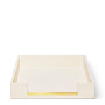 The Aerin Shagreen Paper Tray is a rectangular, cream-colored desk organizer with an open front and a gold accent, ideal for adding luxury to your office organization.