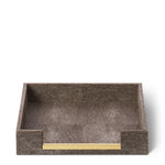 The Aerin Shagreen Paper Tray is a rectangular brown desk organizer with a front cut-out and gold accent, ideal for holding A4 letters, perfect for office use.