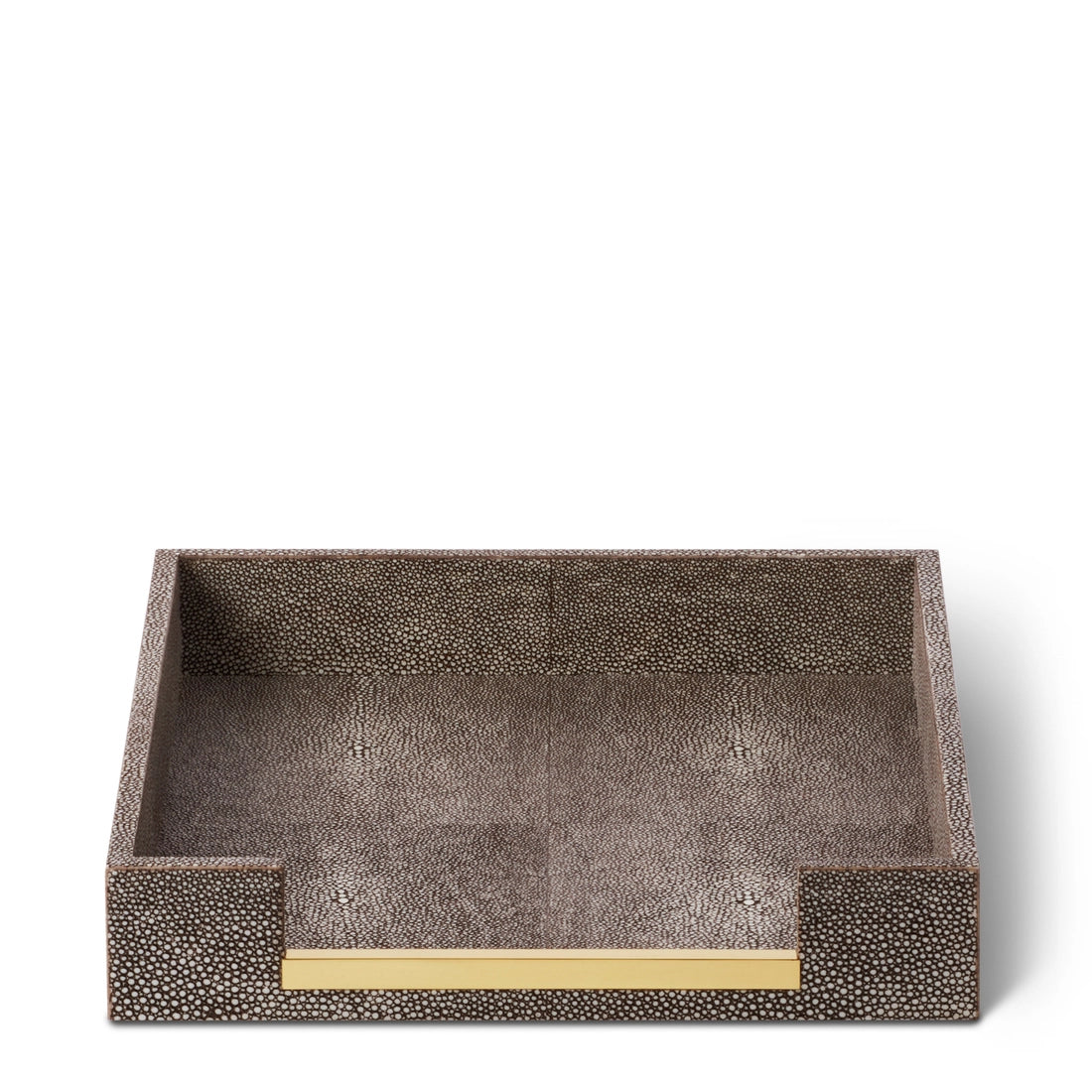 The Aerin Shagreen Paper Tray is a rectangular brown desk organizer with a front cut-out and gold accent, ideal for holding A4 letters, perfect for office use.