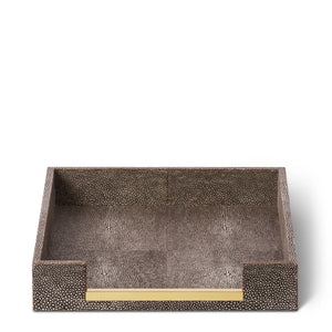 The Aerin Shagreen Paper Tray is a rectangular brown desk organizer with a front cut-out and gold accent, ideal for holding A4 letters, perfect for office use.