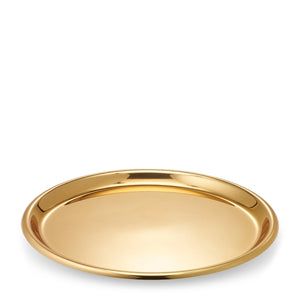 Aerin Mariza Tray, a round gold-toned bar tray with a smooth finish and a raised rim.