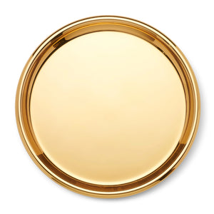 A polished, gold Aerin Mariza Tray featuring a circular design with a raised rim.