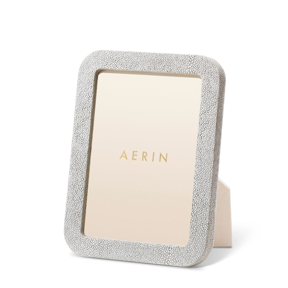 The Aerin Modern Shagreen Frame features a textured light gray border, upright minimalist design, and includes a placeholder insert with "AERIN.