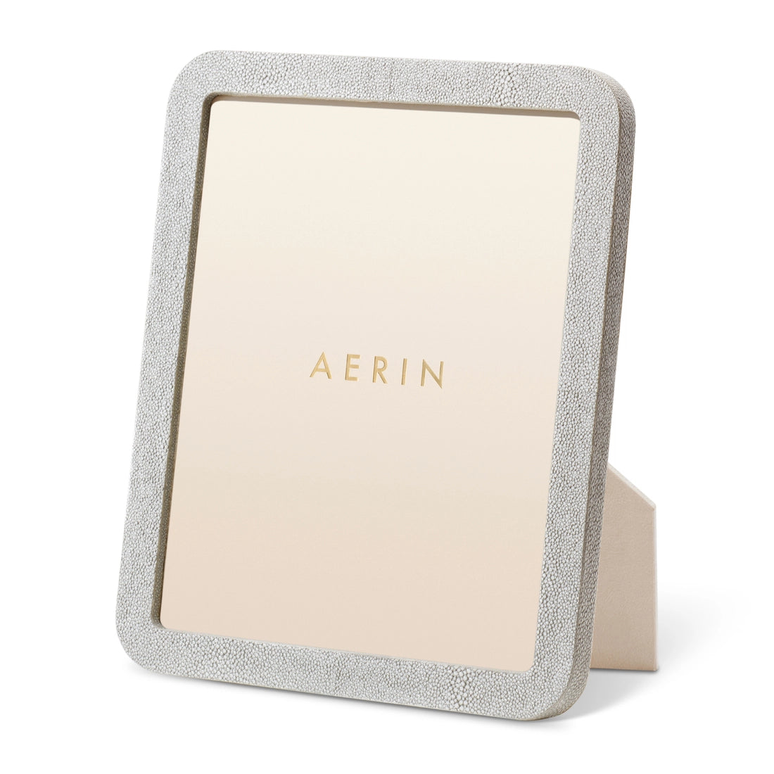 Aerin's Modern Shagreen Frame features a rectangular, textured light border and displays the brand name "AERIN" on a blank insert, showcased standing on a white surface.