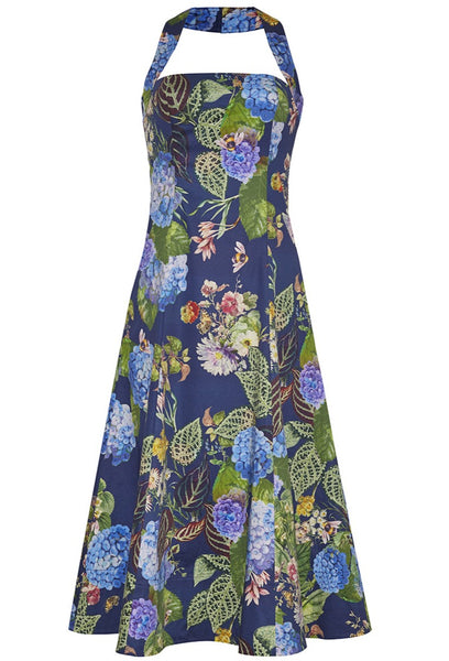 Sleeveless floral halter neck Cara Cara Monroe Dress with a blue background and a center back invisible zipper.