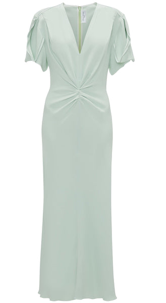 Victoria Beckham mint green Gathered V Neck Midi Dress with short flutter sleeves and twist front detail.