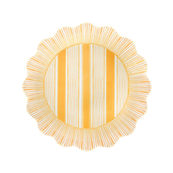 The Juliska Cabana Stripe Melamine Dinnerware Collection features a round, shatterproof dinner plate with a ruffle trim and yellow and white vertical stripes radiating along the border.