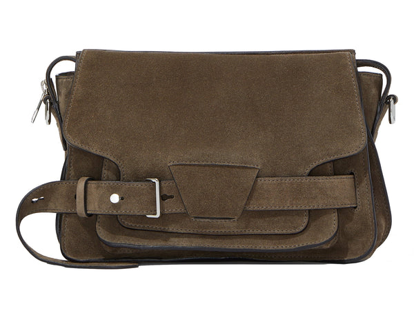 Brown calfskin Proenza Schouler Suede Beacon Saddle Bag isolated on white background.