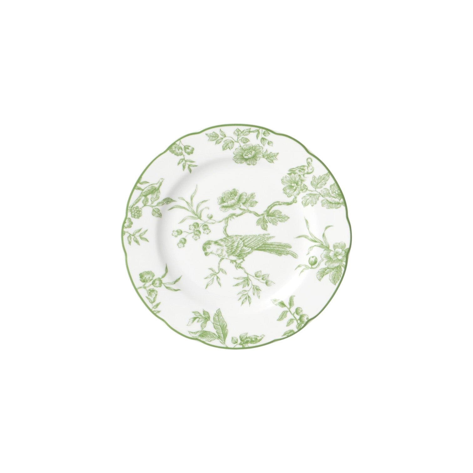 Viewed from above on a plain white background, the Albertine Collection plate by Bernardaud features scalloped edges and a green floral and bird motif—ideal for adding poetic elegance to your table setting.