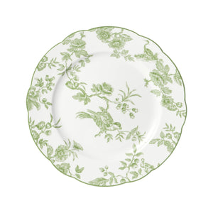 The Albertine Collection by Bernardaud features a white plate with scalloped edges and a green floral bird motif inspired by toile de Jouy, adding poetic elegance to your table setting.