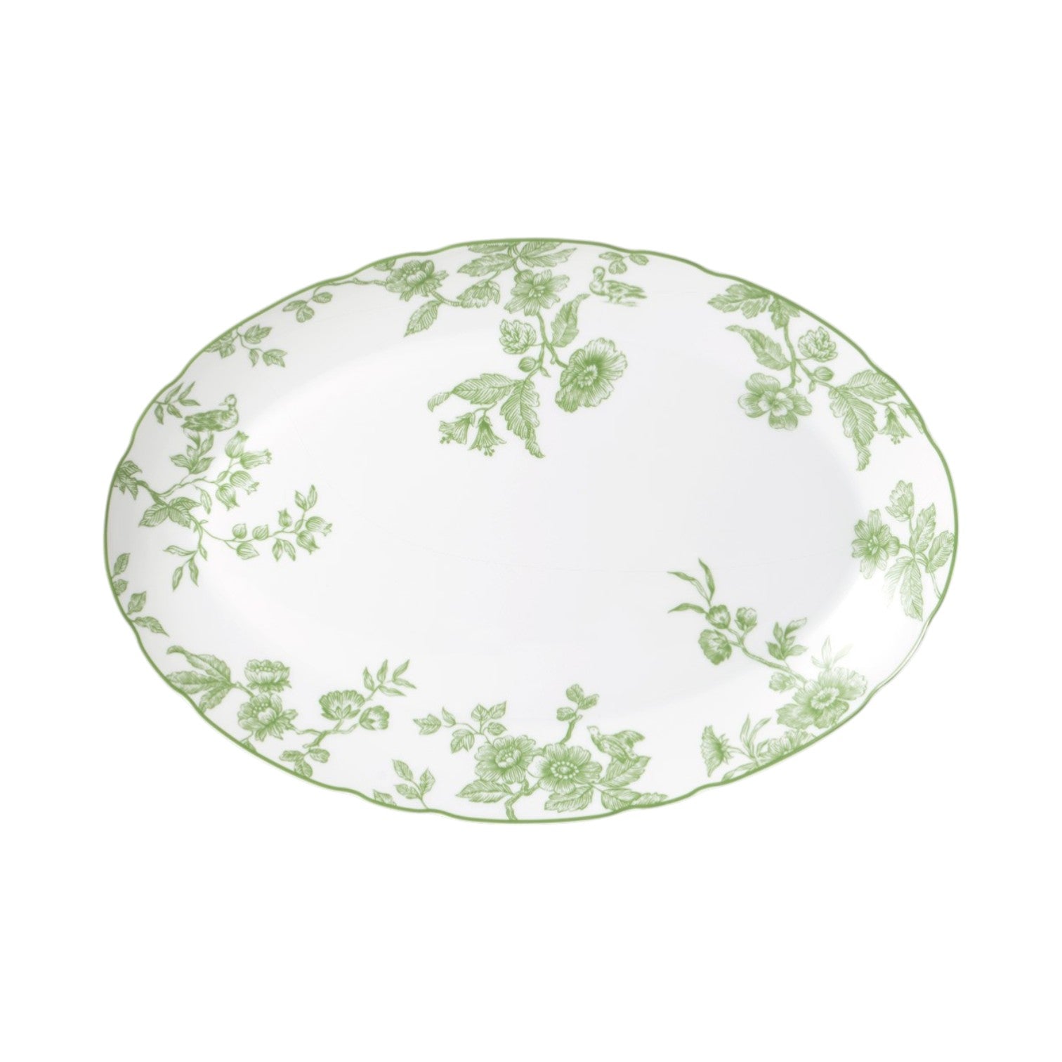 The Bernardaud Albertine Collection features an oval white ceramic plate with scalloped edges, a green floral pattern, and a green-edged rim, displayed on a white background.