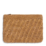 Aerin Allegra Raffia Pouch, a rectangular woven raffia clutch with a chevron stitch and a top zipper closure.