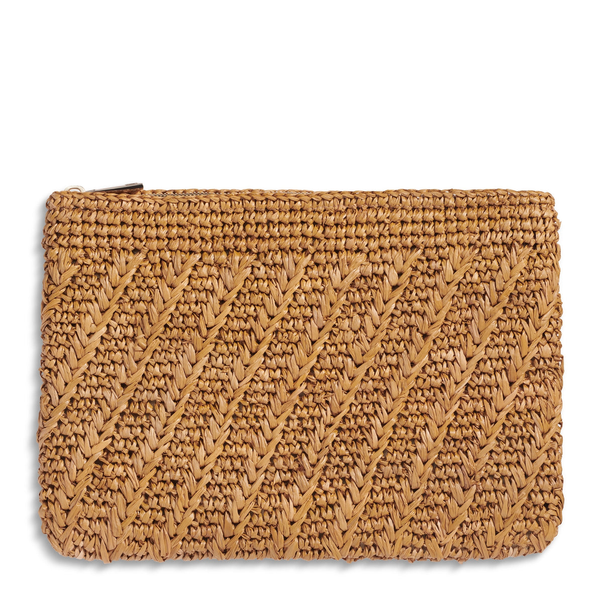 Aerin Allegra Raffia Pouch, a rectangular woven raffia clutch with a chevron stitch and a top zipper closure.
