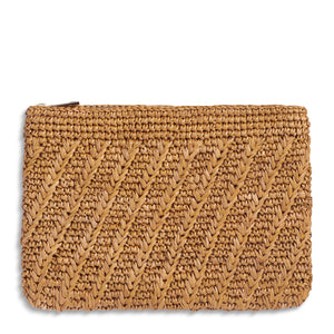 Aerin Allegra Raffia Pouch, a rectangular woven raffia clutch with a chevron stitch and a top zipper closure.