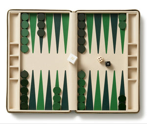 The Enzo Backgammon Travel Set, Verde by Aerin features Italian croc-embossed leather, green and dark green checkers set for play, two dice showing 3 and 2, a doubling cube, all on a compact cream and green surface.