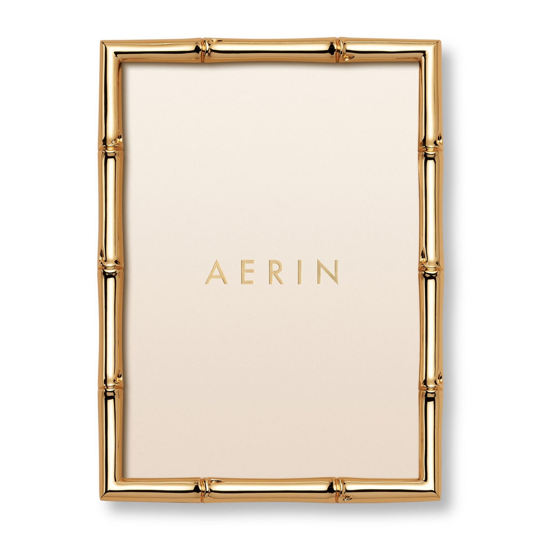 A gold-finish bamboo-style photo frame from the Ava Bamboo Frame Collection by Aerin, featuring a blank insert with "AERIN" displayed at the center.