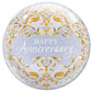 Introducing the Signature Balloon by Burton+Burton: a circular creation adorned with "Happy Anniversary" in elegant white cursive, encircled by intricate golden patterns and complemented by beautiful floral arrangements.