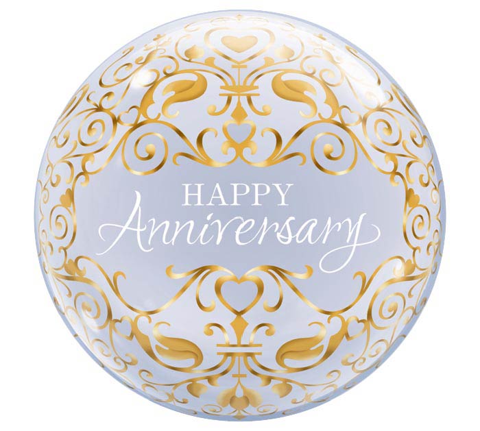 Introducing the Signature Balloon by Burton+Burton: a circular creation adorned with "Happy Anniversary" in elegant white cursive, encircled by intricate golden patterns and complemented by beautiful floral arrangements.