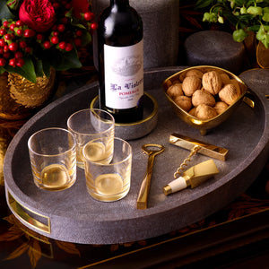 The Aerin Modern Shagreen Cocktail Tray in Chocolate, featuring brass handles, holds a wine bottle, three glasses, a bowl of walnuts, corkscrew, bottle opener, and lighter with decorative plants in the background.