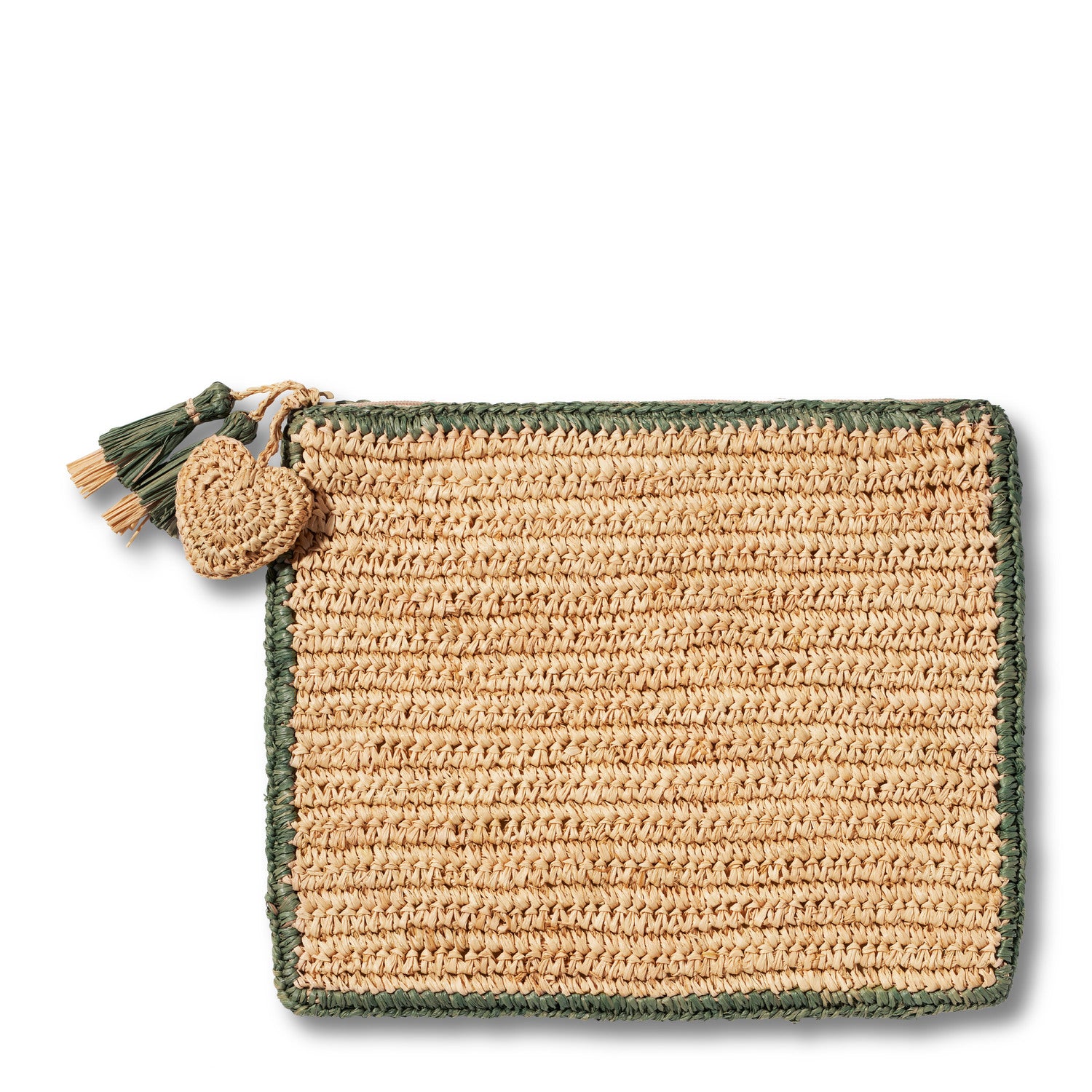 The Aerin Large Raffia Trim Pouch is a rectangular woven clutch with a green border, tassel accents, and a heart-shaped keychain on the zipper—perfect as a vacation accessory.