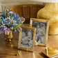 Two photos in gold Alessio frames from Aerin, featuring a reeded design, are displayed with a vase of purple flowers on a wooden table beside a gold lamp and box, creating an elegant arrangement.