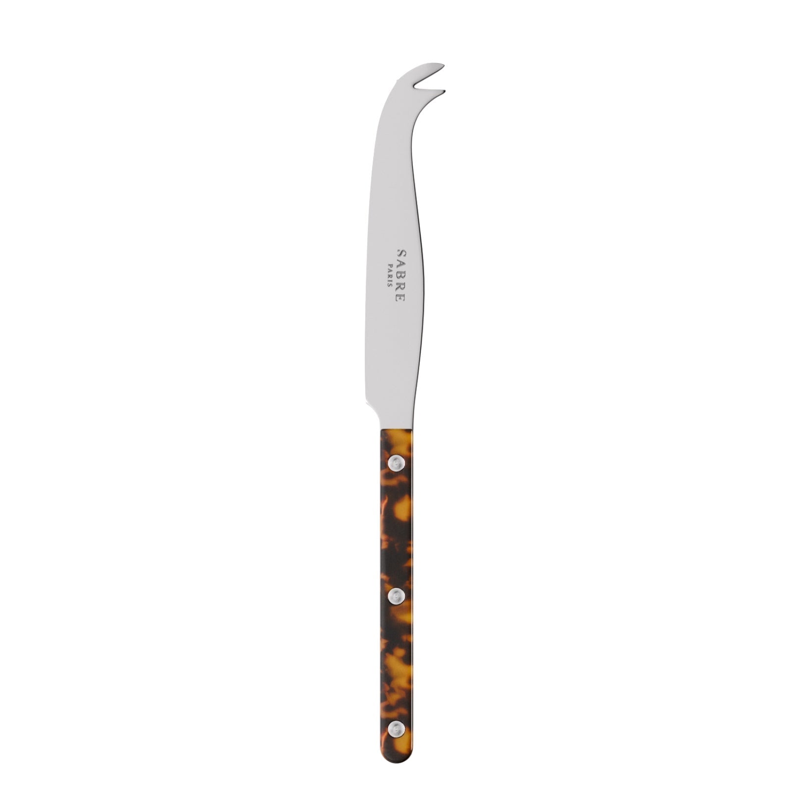 Introducing the Tortoise Small Cheese Knife by Sabre, featuring a stainless steel blade engraved with "SABRE PARIS" and a brown tortoiseshell-patterned handle secured by three rivets—perfect for serving cheese in style.