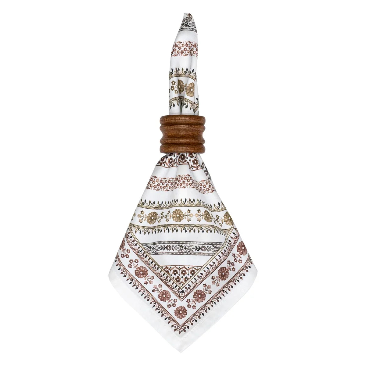 A Seville Stripe Napkin from Juliska—crafted from white cotton sateen with brown and beige floral patterns inspired by hand-painted Spanish tiles—is folded through a dark wood napkin ring, set against a plain white background.