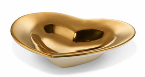 The Aerin Gilded Heart Dish features a shiny, irregular shape and smooth surface, crafted in Italy with a luxurious 24k gold finish and shallow depth, shown against a white background.