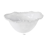 The Vida Alegria Melamine Bowl Collection by Beatriz Ball features a large white bowl with scalloped edge and beaded design, reminiscent of classic Alegria Bowls, shown here against a plain white background.