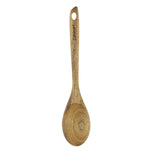 The Cuisinart Acacia Solid Spoon features a rounded bowl, an end handle hole, and engraved branding. Made from acacia wood, it's ideal for nonstick cookware.