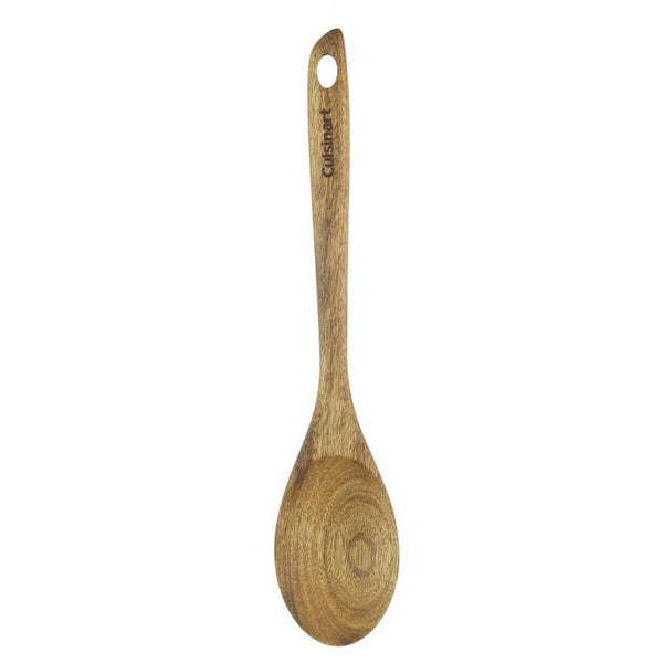 The Cuisinart Acacia Solid Spoon is elegantly crafted from acacia wood and features a circular hole and the engraved "Cuisinart" logo on the handle. It's perfect for nonstick cookware and built to endure, ensuring your kitchen creations are always successful.