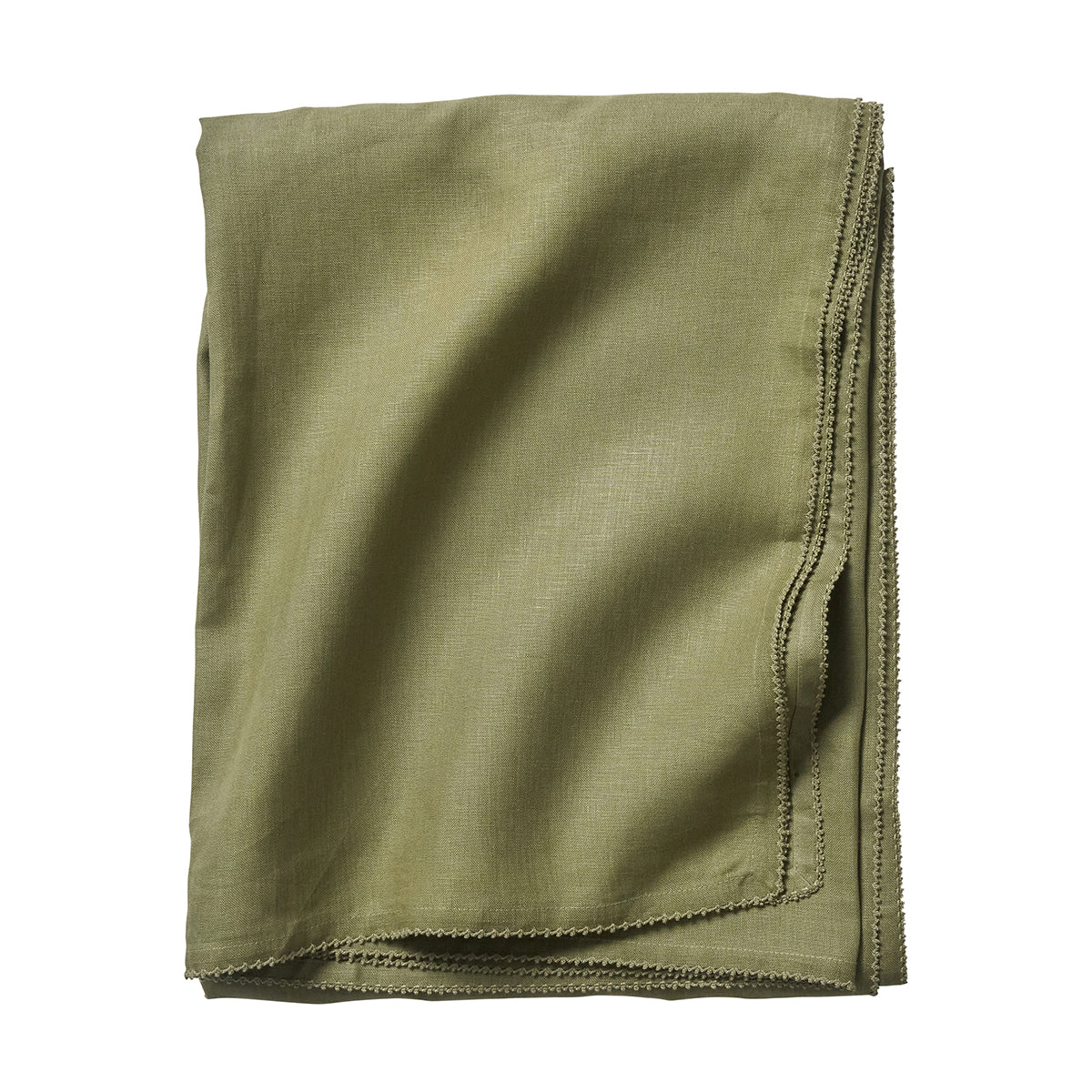A neatly folded olive green linen napkin from the Juliska Berry Scallop Napkin & Tablecloth Collection, featuring stitched edges and displayed on a white background.