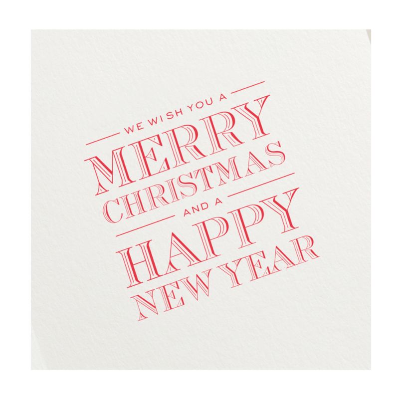 Send heartfelt holiday greetings with the Crane Foil Embossed Nutcracker Card Set, featuring a festive white card adorned with red text: "We wish you a Merry Christmas and a Happy New Year.