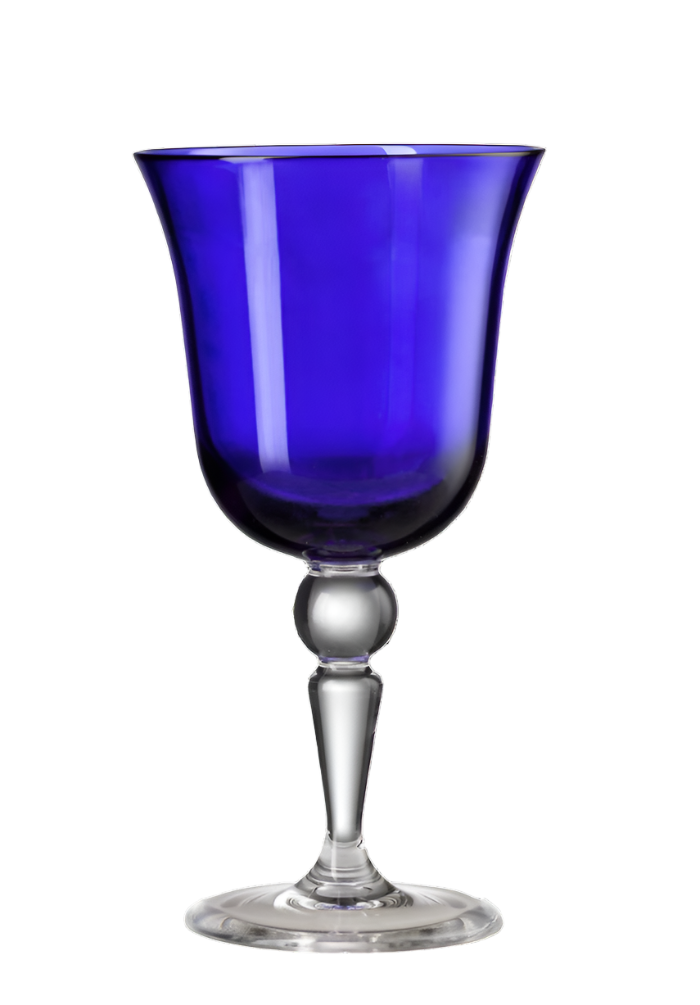 A blue goblet from the Mario Luca Giusti St Moritz Acrylic Drinkware Collection stands against a white background, reminiscent of colorful wine glasses perfect for an elegant outdoor tablescape.