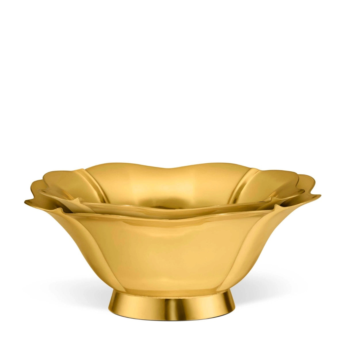 Two vintage gold-tone Aerin Olivia Nesting Brass Bowl Set nesting bowls with scalloped edges and Art Deco design.