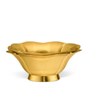 Two vintage gold-tone Aerin Olivia Nesting Brass Bowl Set nesting bowls with scalloped edges and Art Deco design.