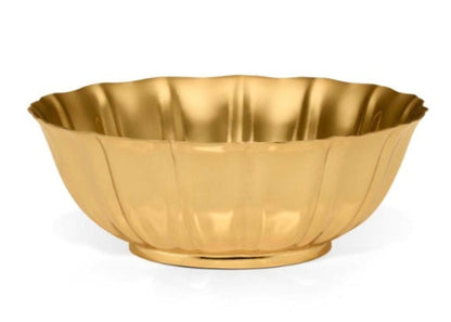 The Mairie Brass Bowl by Aerin features a gold-colored scalloped edge and smooth, reflective surface, adding elegant style to any space when displayed against a white background.