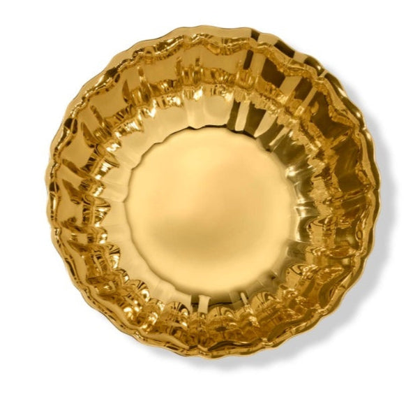 The Mairie Brass Bowl by Aerin is a round, gold metallic vintage piece with a fluted, scalloped edge, adding elegance when viewed from above on a white background.