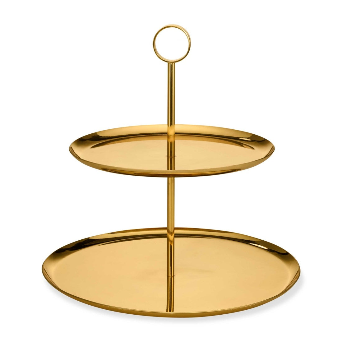 The Sintra 2-Tier Brass Stand by Aerin features a round handle, small upper plate, and larger lower plate—ideal as a Mid-Century Modern serving stand for cakes and desserts.