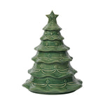 The Juliska Berry & Thread Basil Christmas Tree Cookie Jar is a festive ceramic jar shaped like a tree, adorned with decorative garlands and topped with a star—perfect for adding holiday charm to your décor.