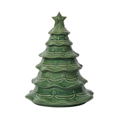 The Juliska Berry & Thread Basil Christmas Tree Cookie Jar is a festive ceramic jar shaped like a tree, adorned with decorative garlands and topped with a star—perfect for adding holiday charm to your décor.