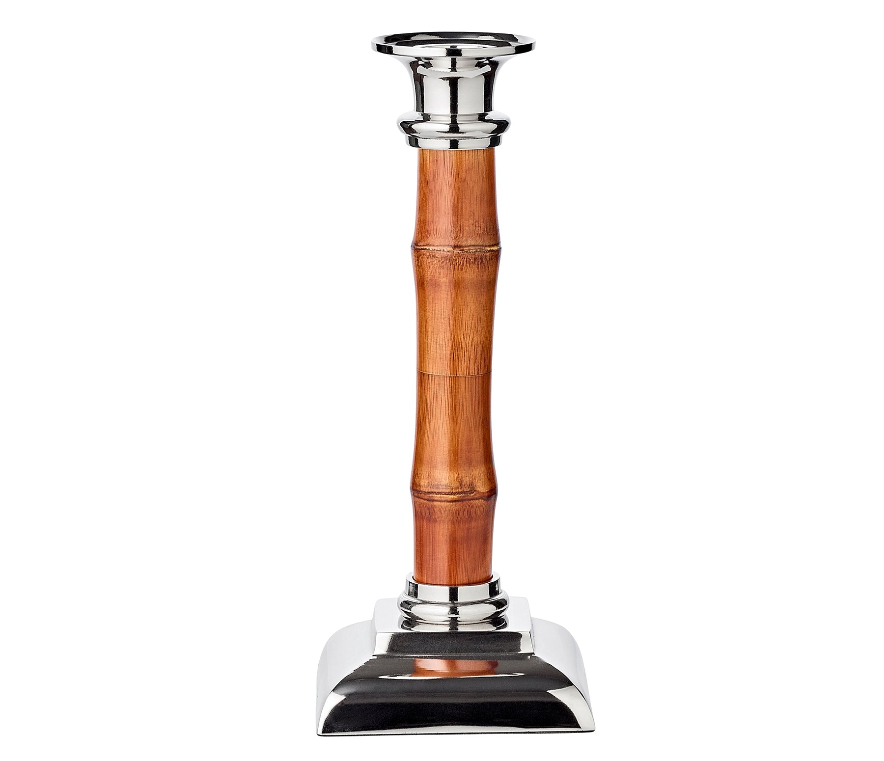 The ezrad Bamboo and Stainless Steel Decor Collection features a candlestick holder with a stainless steel base and top, plus a central bamboo-inspired wooden section for modern elegance in your home.