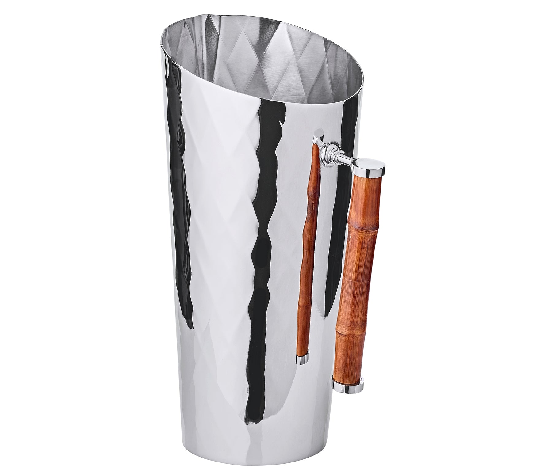 Part of the ezrad Bamboo and Stainless Steel Decor Collection, this tall stainless steel pitcher has a hammered texture, an angled rim, and a bamboo-style wooden handle for a modern, elegant touch.