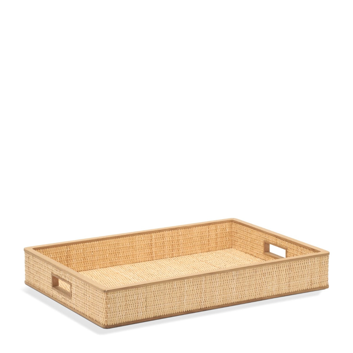 The Colette Cane Tray by Aerin is a rectangular woven tray featuring raised sides and cut-out handles at each end, shown here on a white background.