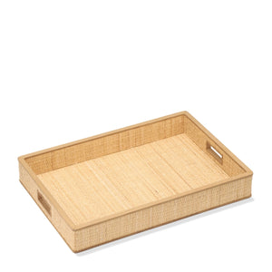 The Aerin Colette Cane Tray is a rectangular woven cane tray with raised edges, cutout side handles, and subtle white oak trim, offering refined style and versatility against a white background.