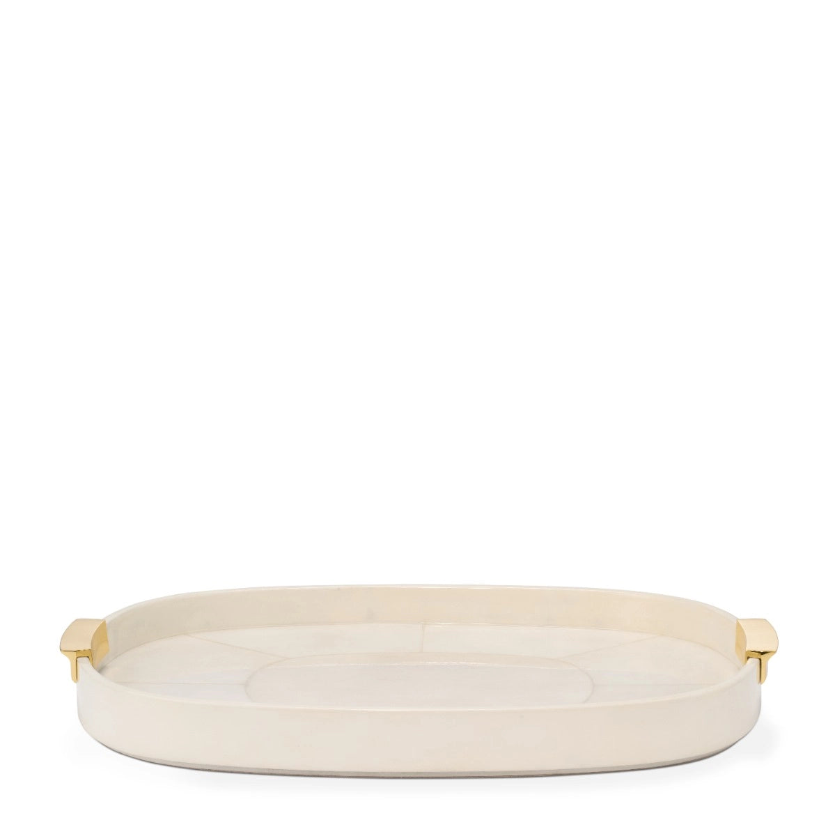 The Livio Parchment Serving Tray by Aerin features an oval cream-colored leather design with gold-tone handles, displayed on a white background.