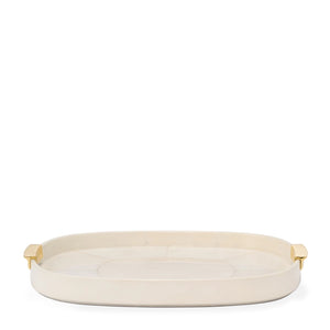 The Livio Parchment Serving Tray by Aerin features an oval cream-colored leather design with gold-tone handles, displayed on a white background.