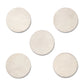The Aerin Livio Parchment Coaster Set features five round, beige leather coasters with brass accents, arranged in a central and surrounding pattern on a white background for a touch of Art Deco elegance.